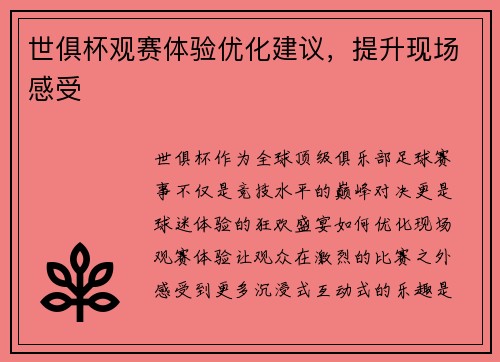 世俱杯观赛体验优化建议，提升现场感受