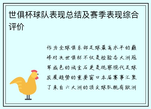 世俱杯球队表现总结及赛季表现综合评价