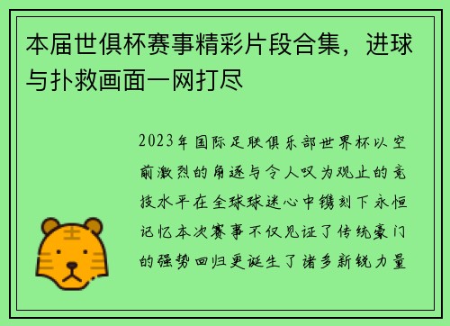 本届世俱杯赛事精彩片段合集，进球与扑救画面一网打尽