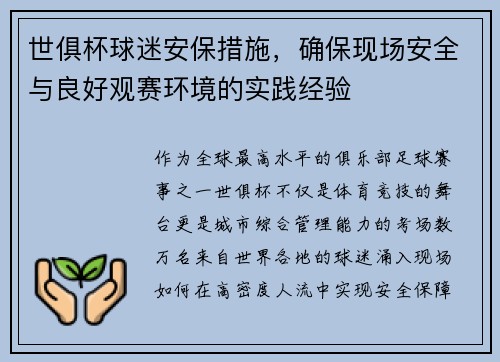 世俱杯球迷安保措施，确保现场安全与良好观赛环境的实践经验
